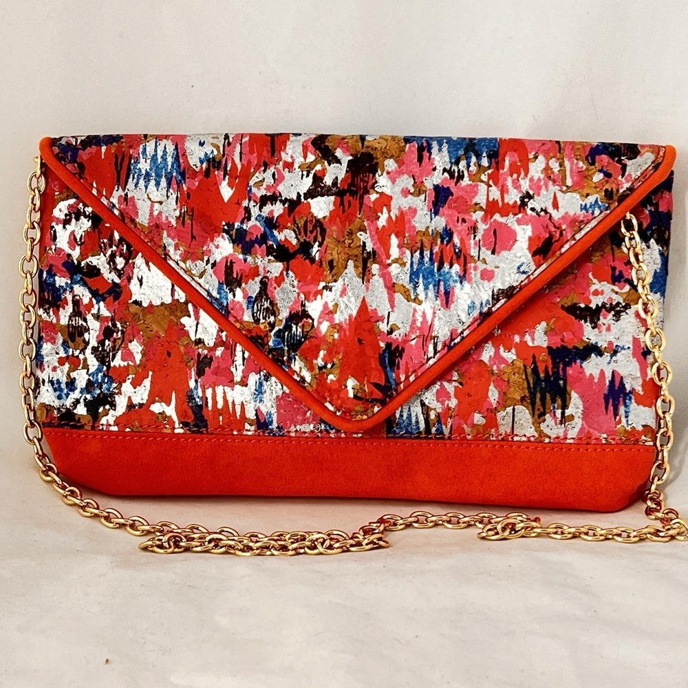 Pretty Simple Clutch Crossbody Bag Red Abstract Print Gold Chain Envelope Purse